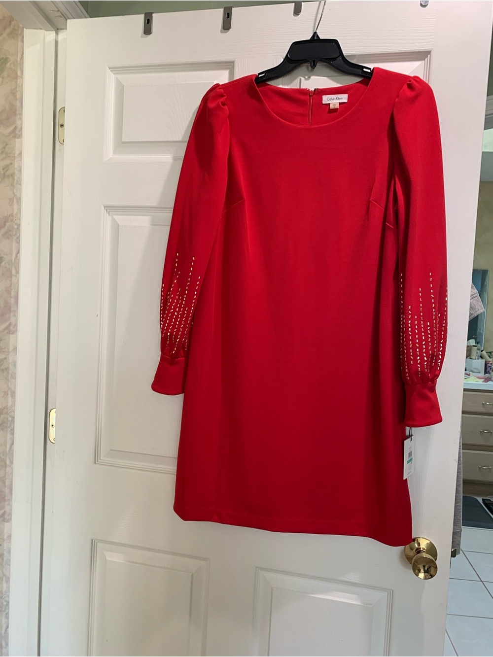 Calvin Klein Red Long Sleeve Shift Dress with Beaded Sleeves